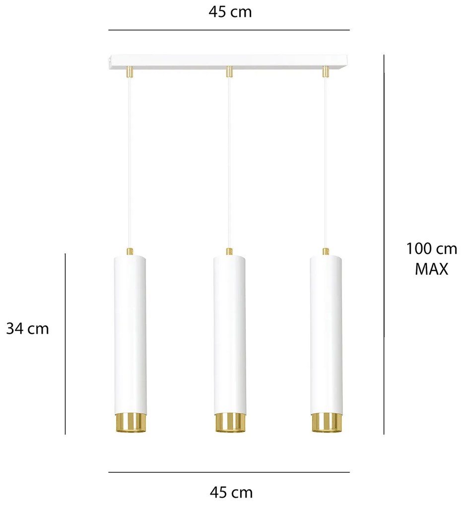 Lampadario 3 Luci Brunilde In Acciaio Bianco E Tubolari In Bianco E Oro