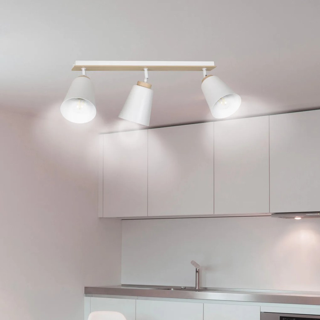 Plafoniera Spot Faretti Orientabili 3 Luci Xiwangmu Acciaio Bianco E Legno Naturale