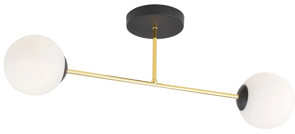 Plafoniera Moderna Magnium 2 Luci In Acciao Nero Oro E Sfere In Vetro Bianco