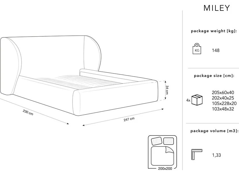 Letto matrimoniale imbottito beige con contenitore con griglia 200x200 cm Miley - Micadoni Home