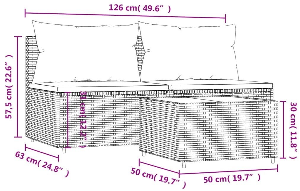 Set Mobili da Giardino 3 pz con Cuscini in Polyrattan Marrone