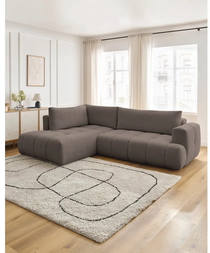 Divano angolare grigio tortora allungabile e con contenitore (penisola a sinistra/a L) con rivestimento in ciniglia Fuji – Bobochic Paris