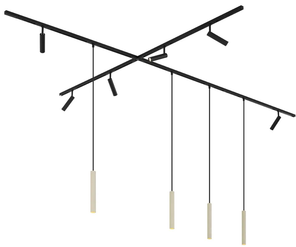 Sistema di illuminazione su binario moderno con 6 faretti e 4 luci a sospensione beige e nere monofase - Slimline Uzzy Keno