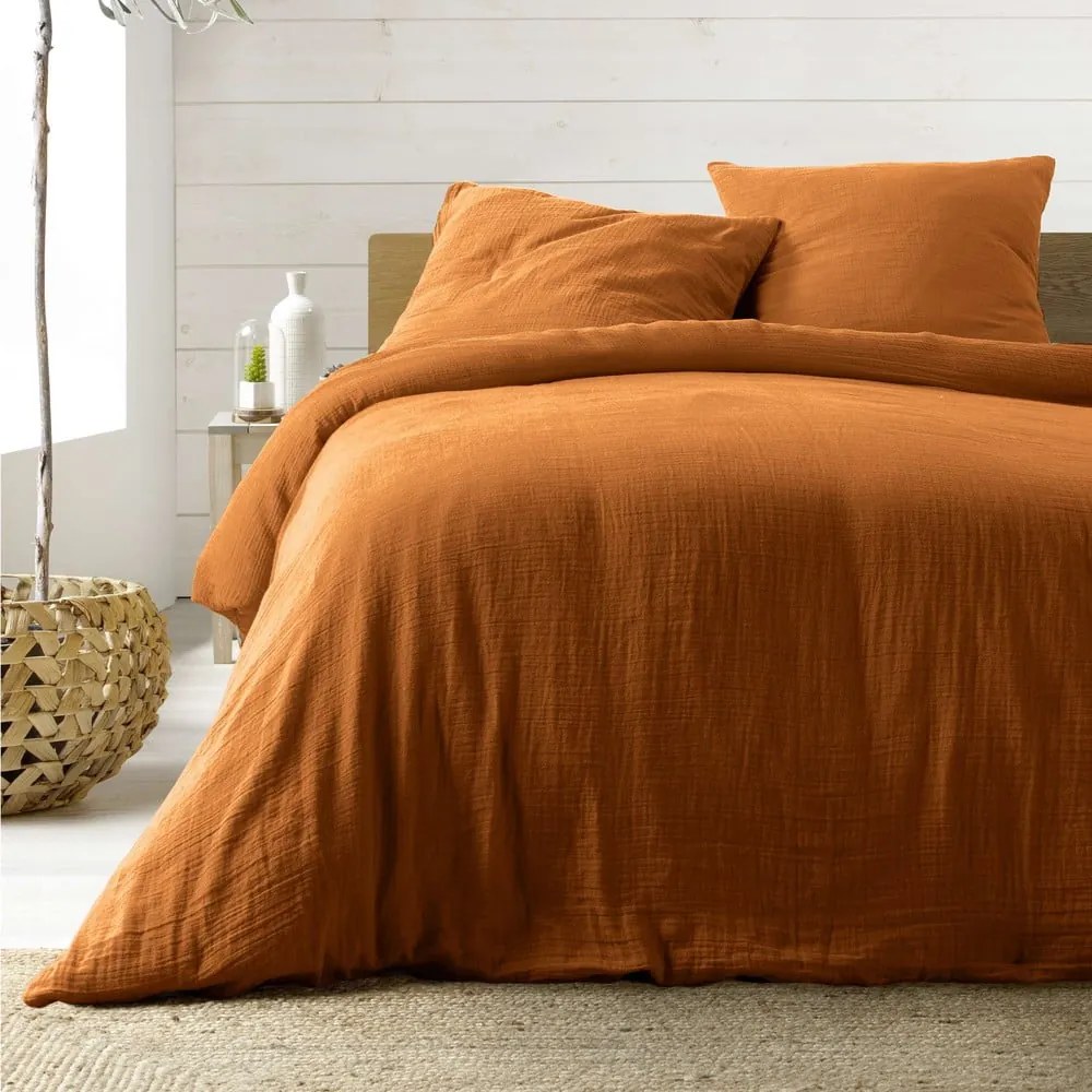 Set copripiumino e federa arancione/marrone in mussola per letto matrimoniale ed esteso 240x220 cm Angelia – douceur d'intérieur