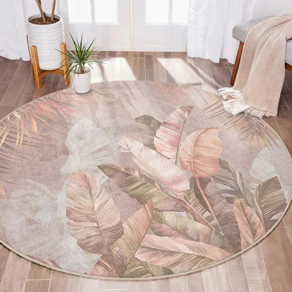 Tappeto rotondo in rosa chiaro lavabile ø 100 cm Dusty Leaves – Mila Home