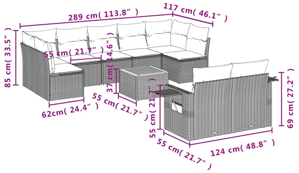 Set Divano da Giardino 10 pz con Cuscini Beige Misto Polyrattan