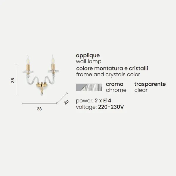 Lampada Applique da parete BACH senza paralume in vetro trasparente 2 LUCI CROMO