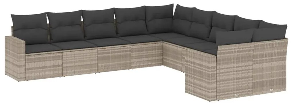 Set divano giardino 10 pz con cuscini grigio chiaro polyrattan