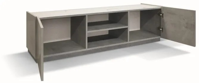 Porta Tv FAVIGNANA in legno, finitura in grigio cemento, piano effetto marmo statuario, 160&#215;45 cm