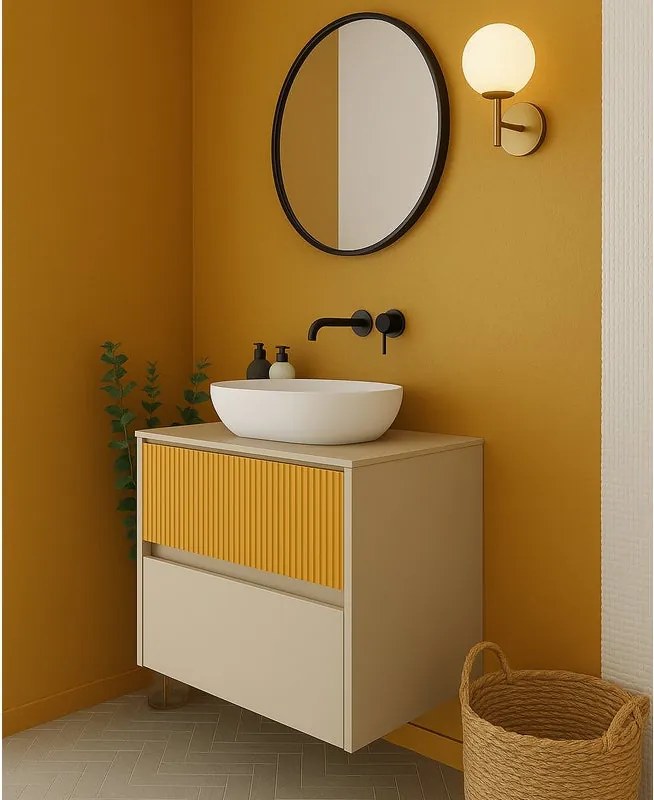 Mobile da bagno sospeso sotto lavabo Niwa 2 cassetti L 59.5 x H 50 x P 45.5 cm sabbia e senape cannettato