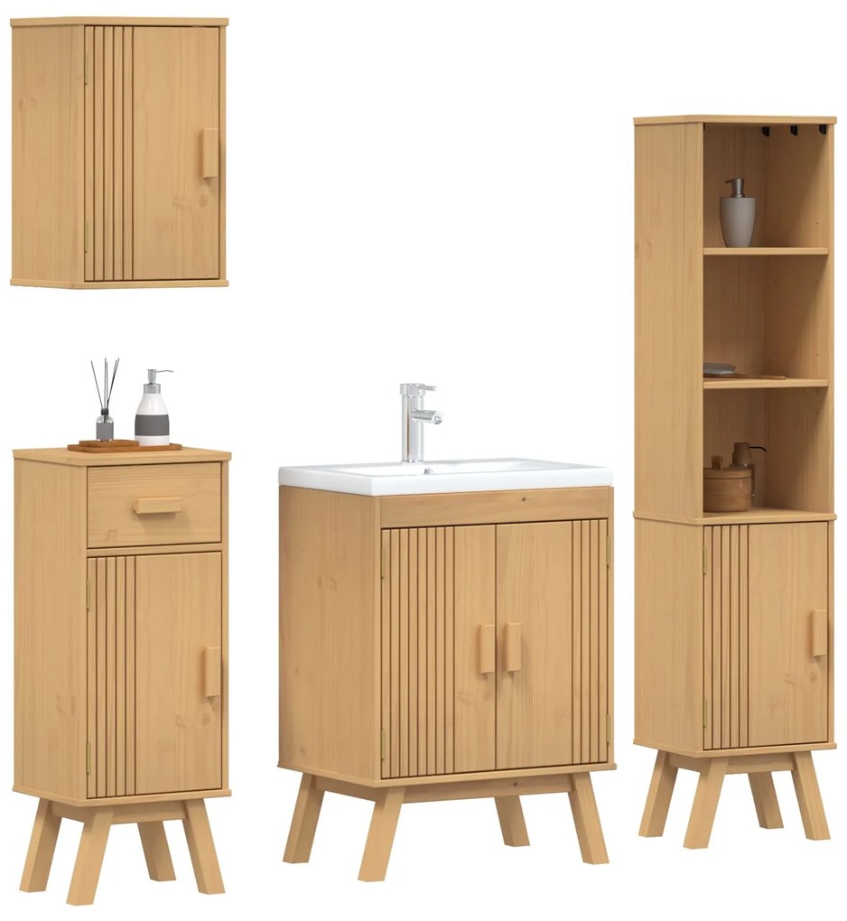 Set di mobili per il bagno in legno massello di pino, 4 pezzi