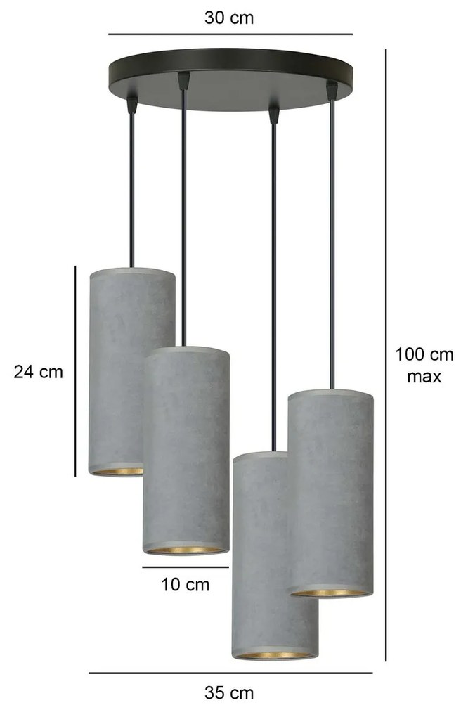 Sospensione Tonda 4 Luci Bente In Acciaio Nero E Paralumi Grigio E Oro