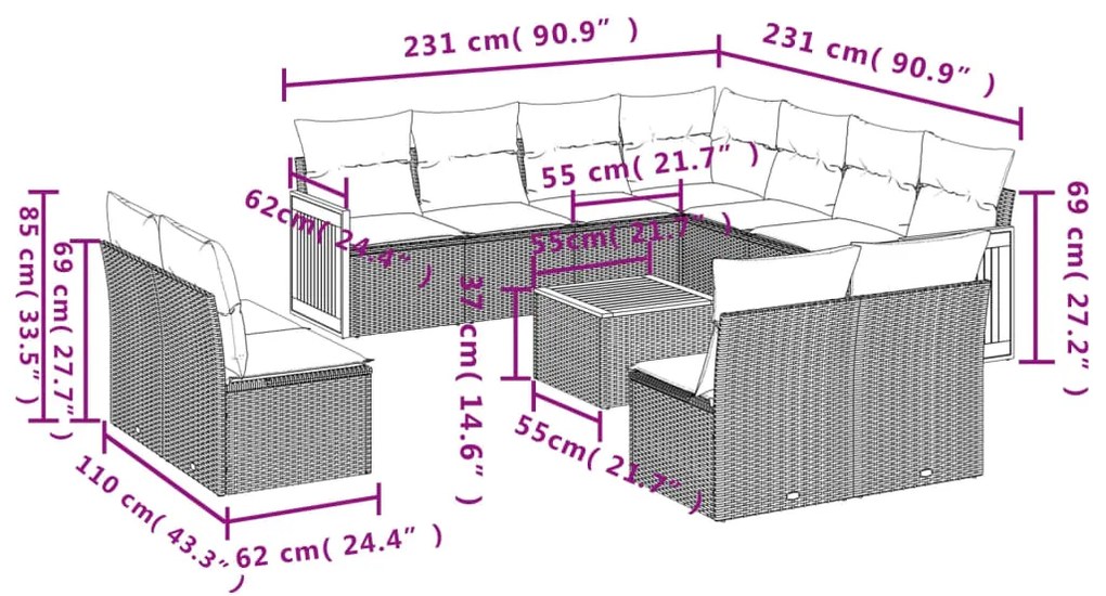 Set Divani da Giardino 12 pz con Cuscini Grigio in Polyrattan