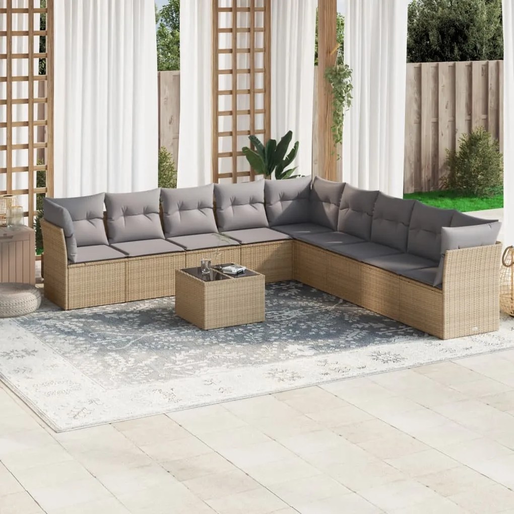 Set Divano da Giardino 10 pz con Cuscini Beige in Polyrattan