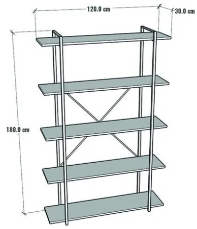 Libreria 5 Ripiani Stile Industrial 120x34x180 Jonah Rovere