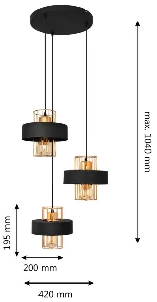 Lampadario a sospensione con filo VOLTA 3xE27/15W/230V nero/oro