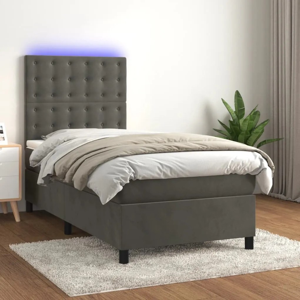 Letto A Molle Con Materasso E Led Grigio Scuro 90x190cm Velluto /