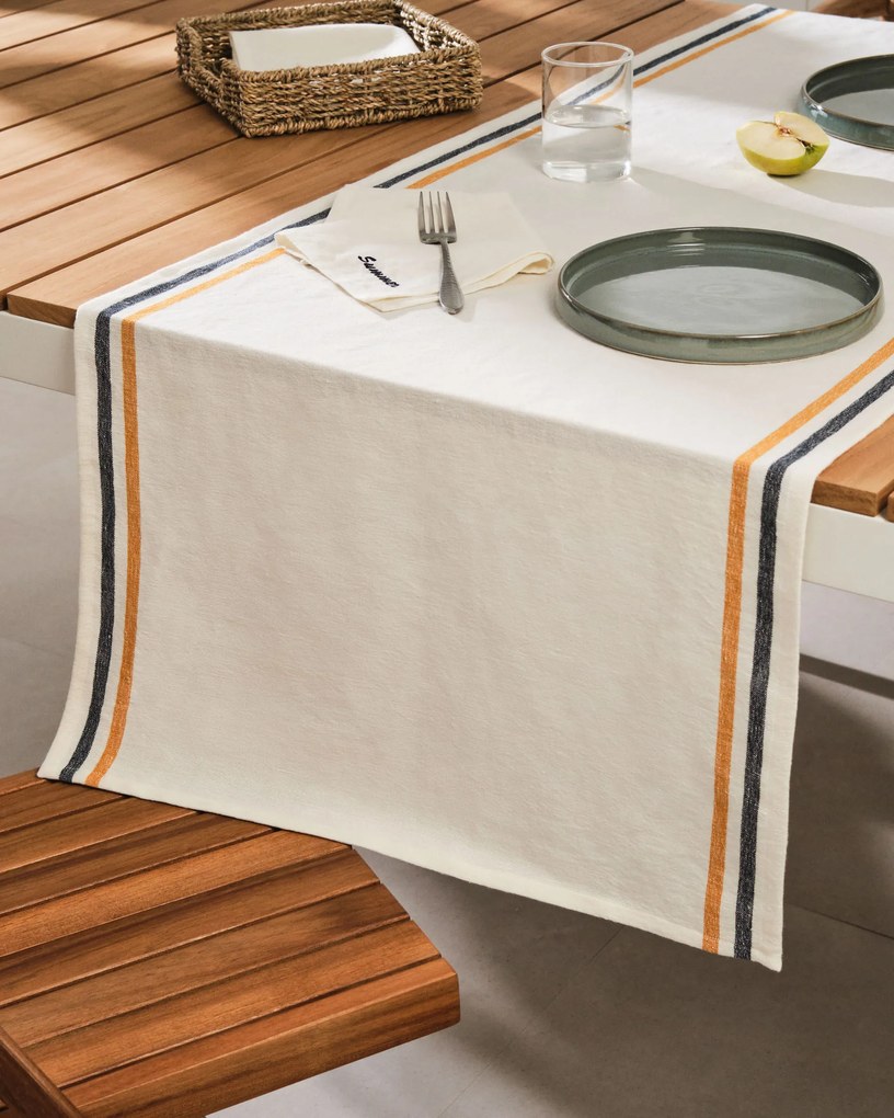 Kave Home - Runner da tavola Vallcanera in cotone e lino e righe senape e blu 50 x 160 cm