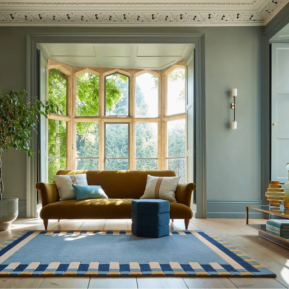 Tappeto blu in lana tessuto a mano 160x230 cm Kai Wool Border - Flair Rugs
