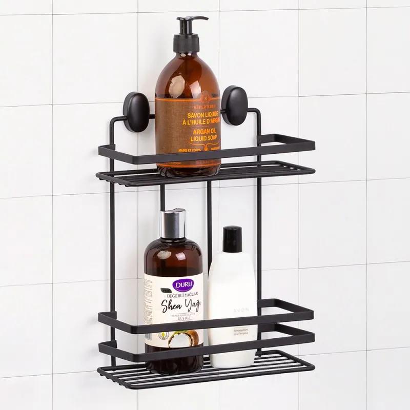 Mensola per doccia nero opaco 2 ripiani in acciaio con fissaggi