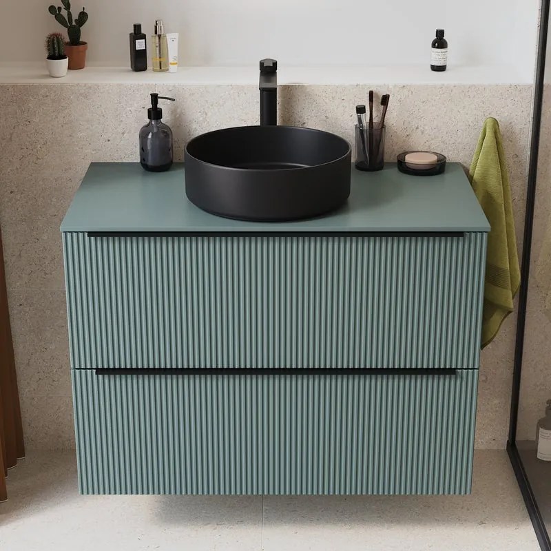 Mobile bagno sospeso Neo Groove L 91 x H 68 x P 49 cm, 2 cassetti con maniglia nero matt, top e lavabo da appoggio Studio in ceramica nero opaco inclusi, verde salvia cannettato