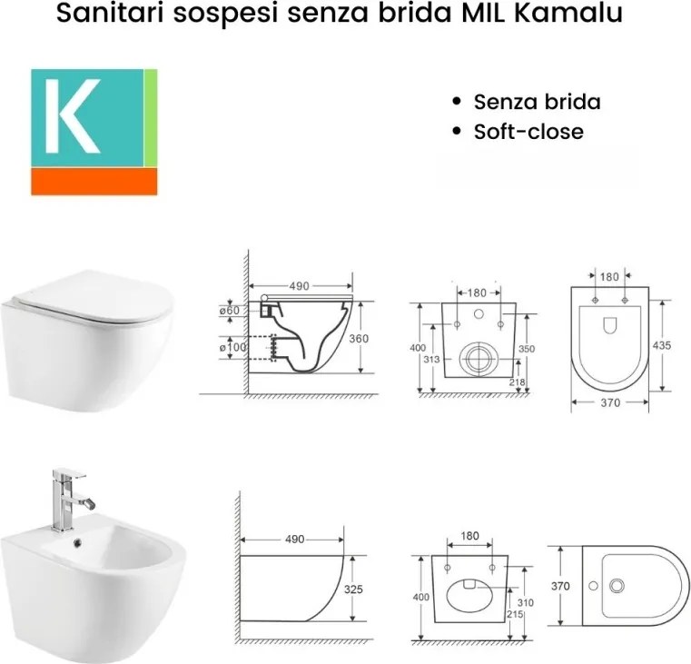 Kamalu - Sanitari sospesi senza brida colore bianco lucido | MIL-BL