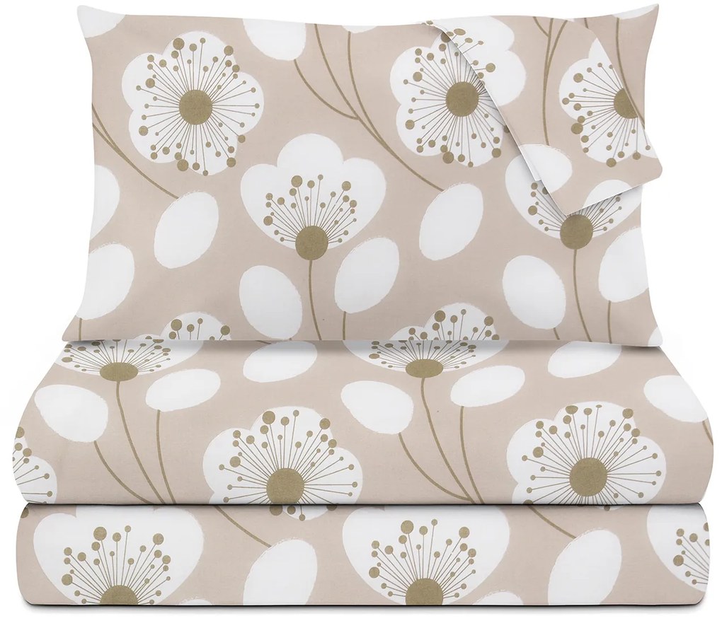 Completo letto matrimoniale beige fiori bianchi