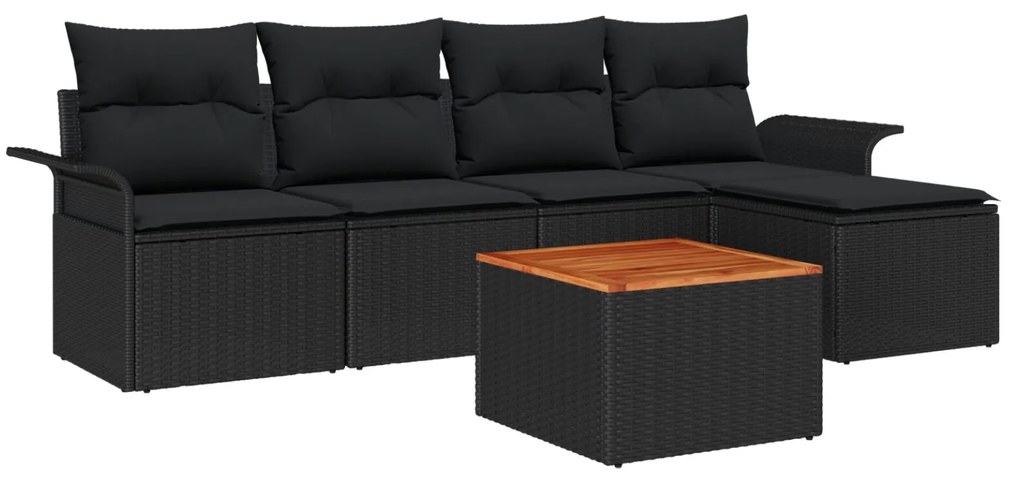 Set di divani da giardino 6 pezzi con cuscini in polirattan nero e acacia