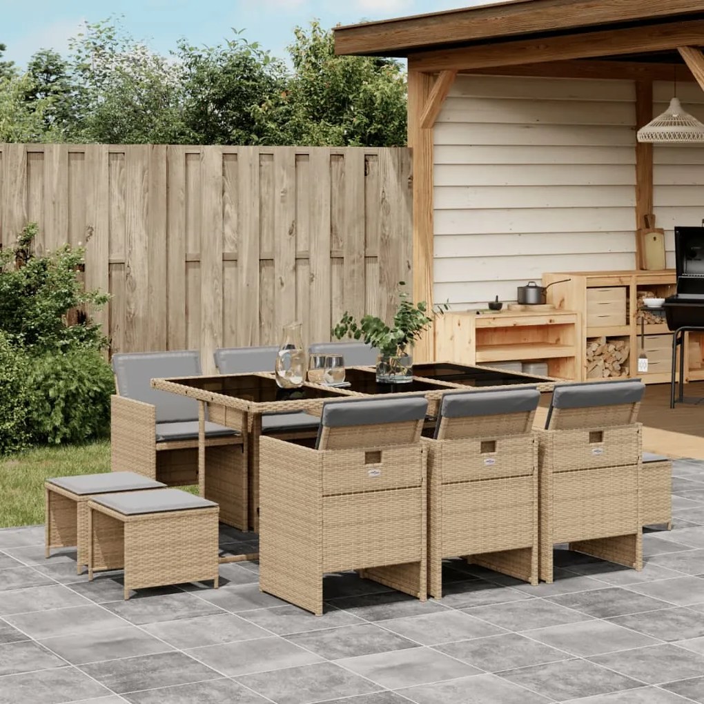 Set pranzo da giardino 11 pz con cuscini beige misto polyrattan