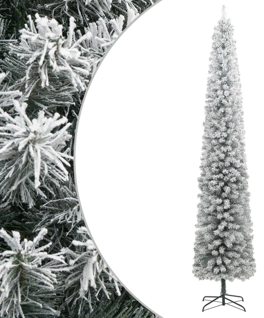 Albero Di Natale Sottile Con Base E Neve Floccata 300 Cm Pvc /