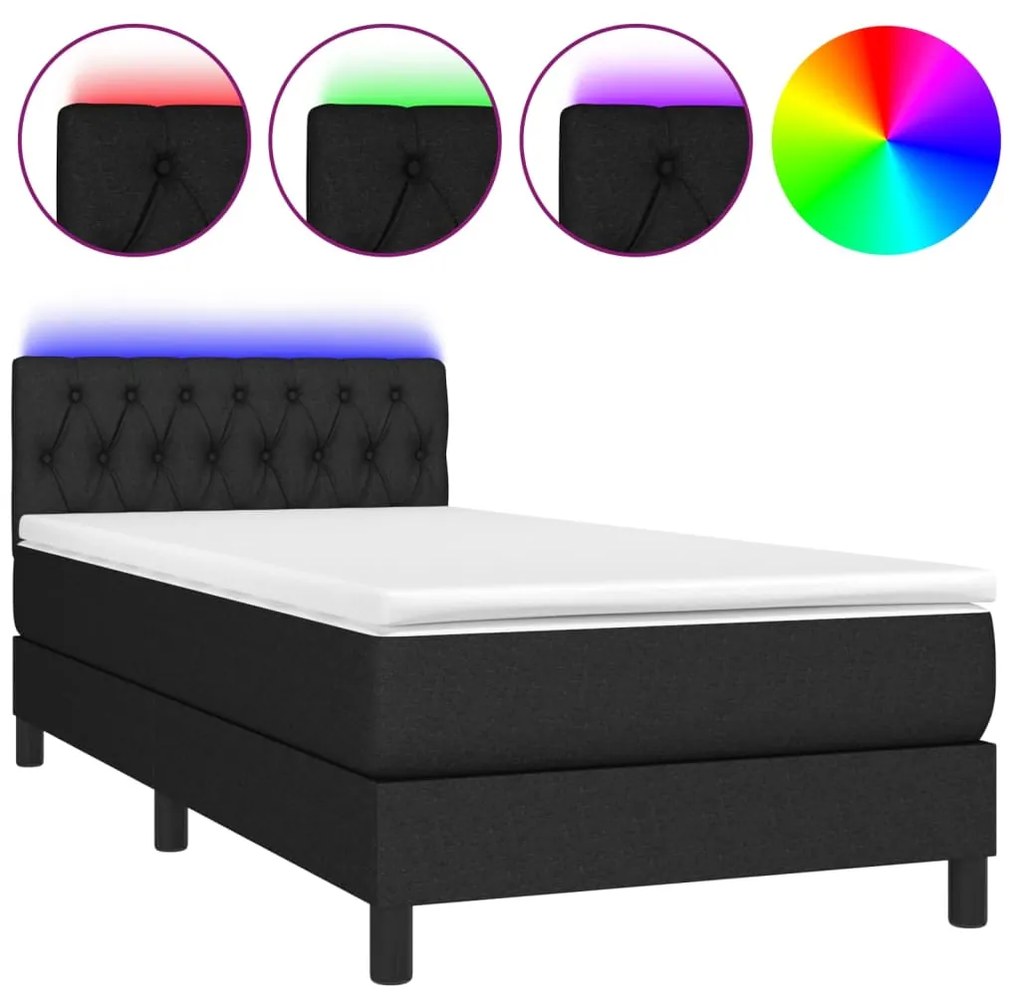 Letto a molle con materasso e led nero 90x200 cm in tessuto