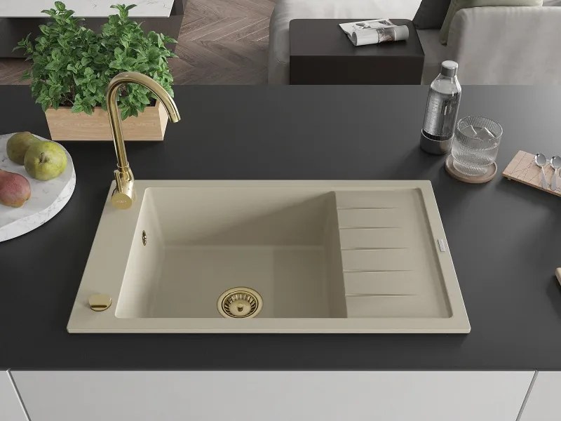 Mexen Elias lavello in granito a 1 vasca con gocciolatoio 795 x 480 mm, beige, sifone dorato - 6511791005-69-G