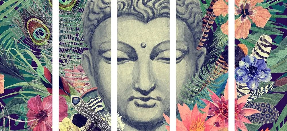 Quadri 5 pezzi – Buddha su sfondo esotico