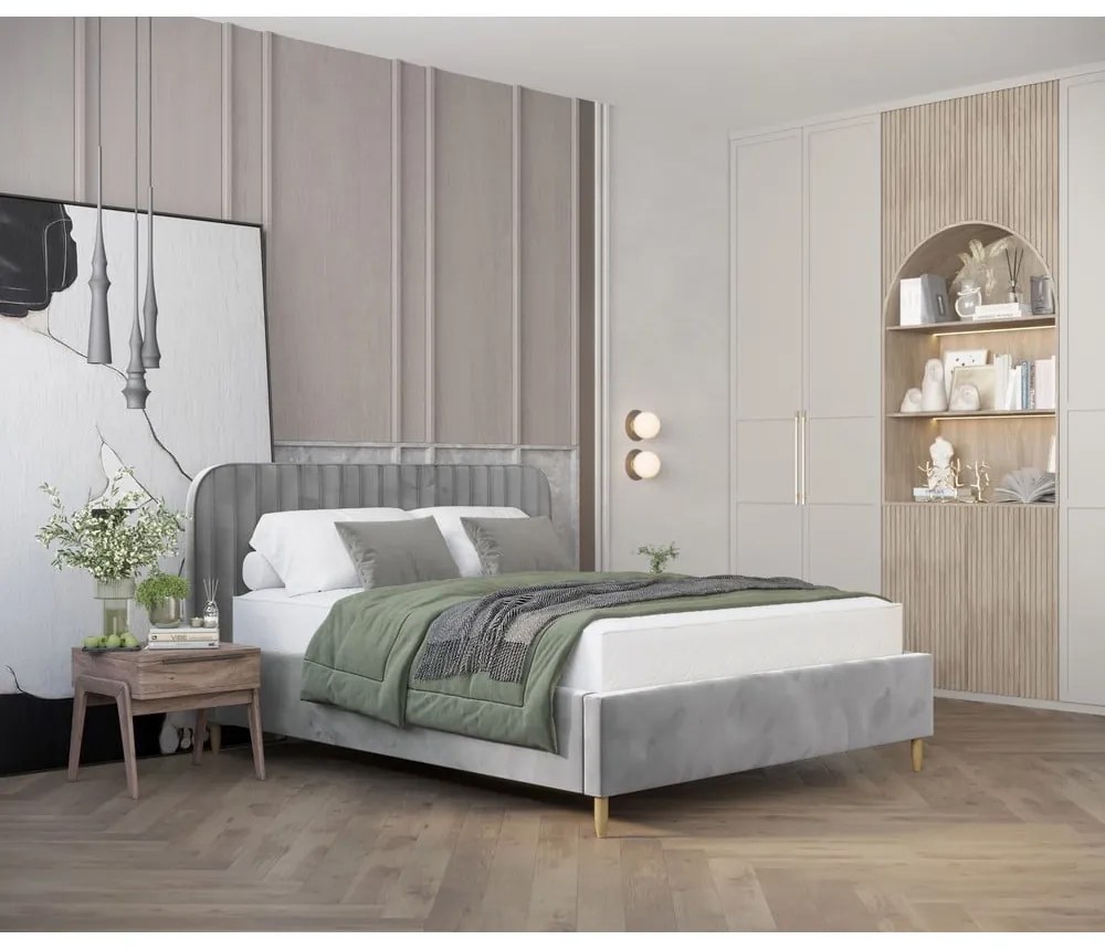 Letto matrimoniale imbottito grigio con spazio contenitivo e rete 140x200 cm Noto - Maison de Rêve