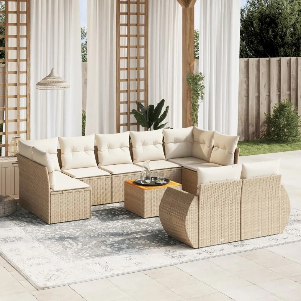 Set divano da giardino 10 pz con cuscini beige in polyrattan