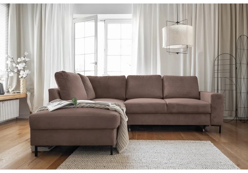 Divano letto in velluto a coste marrone (angolo sinistro) Lofty Lilly - Miuform