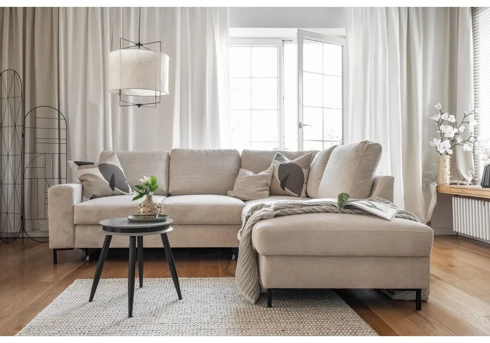 Divano letto angolare in velluto a coste beige (angolo destro) Lofty Lilly - Miuform