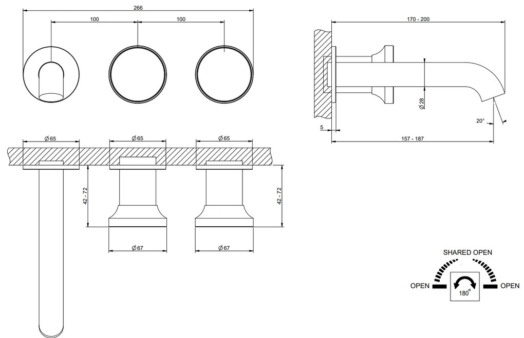 Parte esterna miscelatore vasca a parete 2 vie con deviatore parte incasso non inclusa brass brushed 66042 Gessi