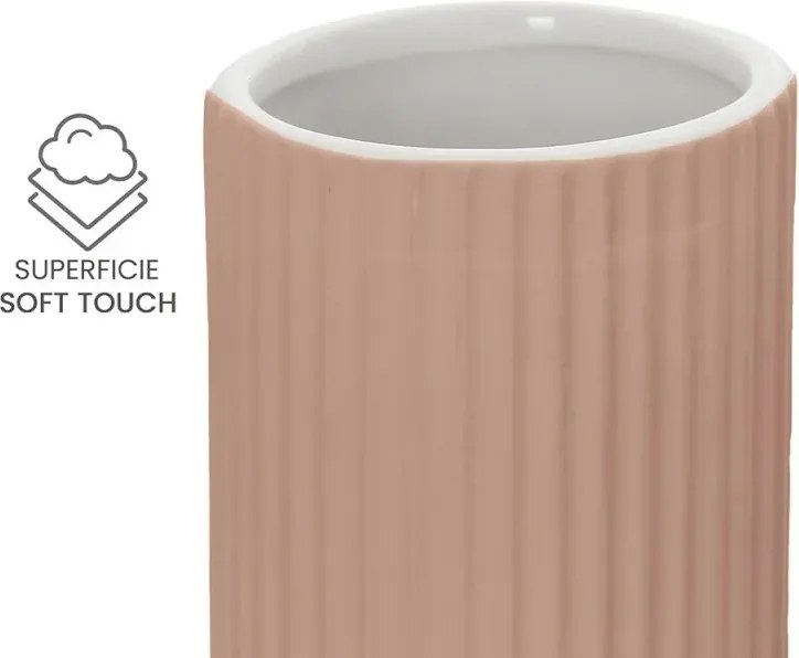 Set accessori bagno in ceramica rosa con dispenser sapone e due portaspazzolini Spring