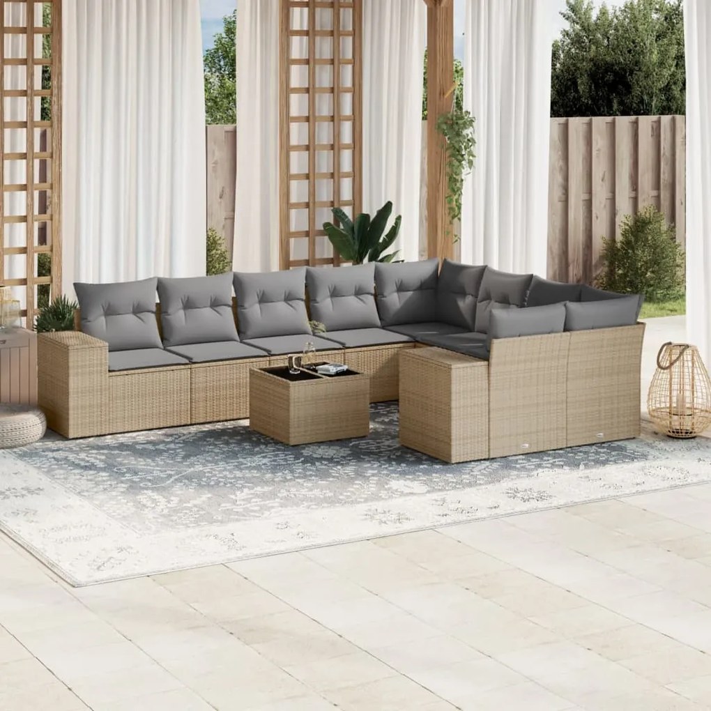 Set Divano da Giardino 10 pz con Cuscini Beige in Polyrattan