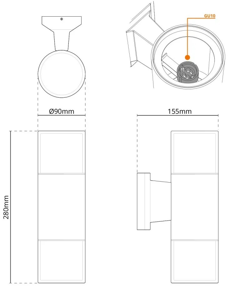 Applique Cilindrica Bidirezionale Bianca, IP54 con 2 basi GU10 Base GU10
