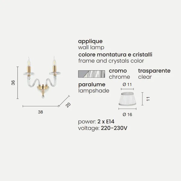 Lampada Applique da parete BACH con paralume in vetro trasparente 2 LUCI CROMO