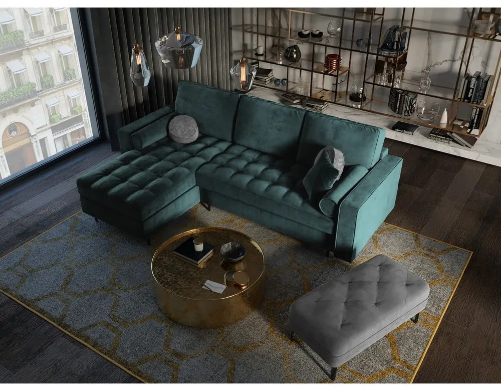 Divano letto angolare in velluto verde petrolio, angolo sinistro Santo - Milo Casa