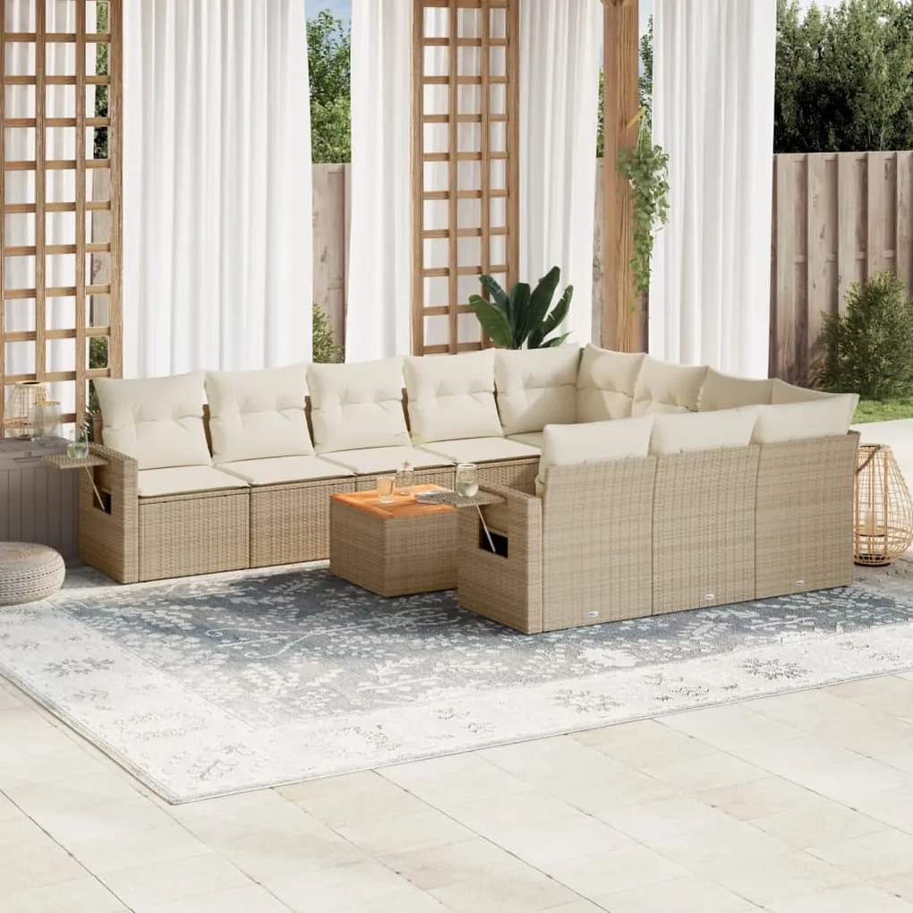 Set divani da giardino 11 pz con cuscini beige in polyrattan