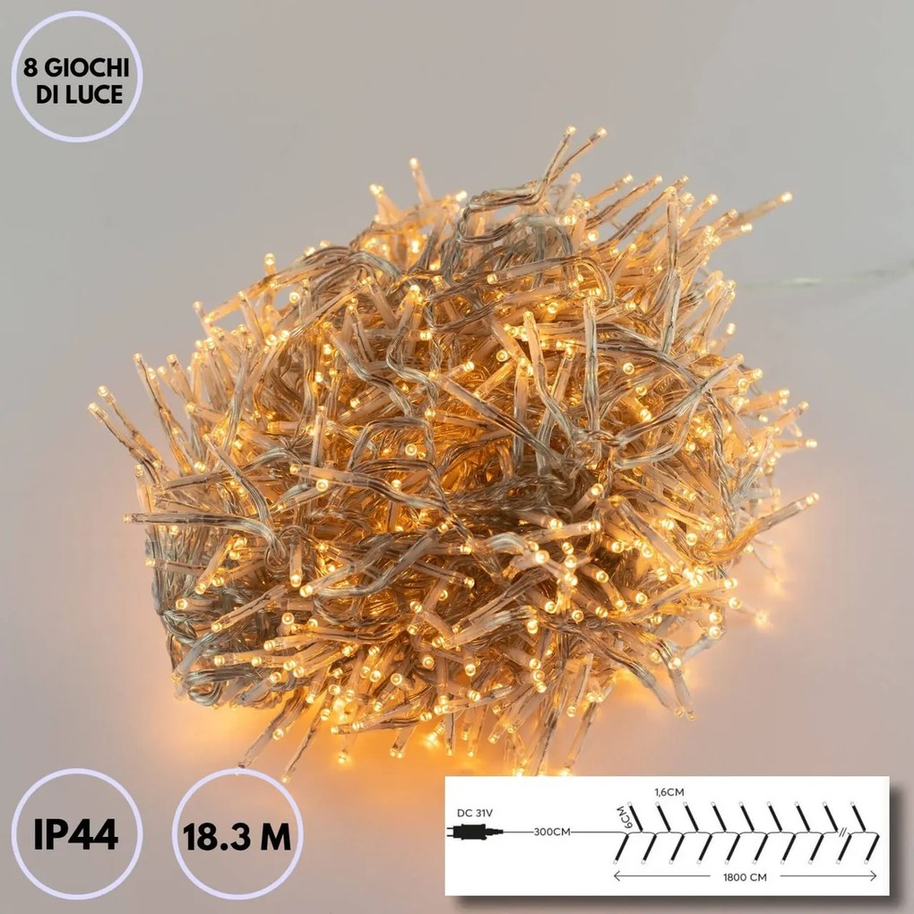 Catenaria Natalizia LED 18.3m 8 GIOCHI DI LUCE Cavo TRASPARENTE IP44 Colore Bianco Caldo 2200 - 2300 °K