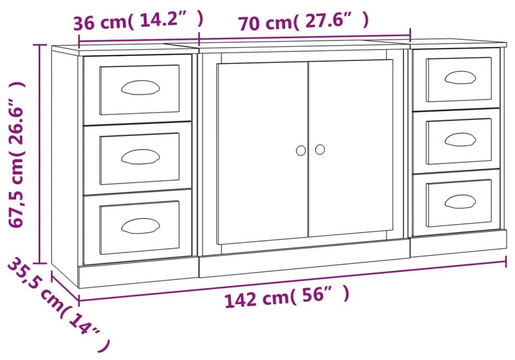 Credenze 3 pz Grigio Sonoma in Legno Multistrato