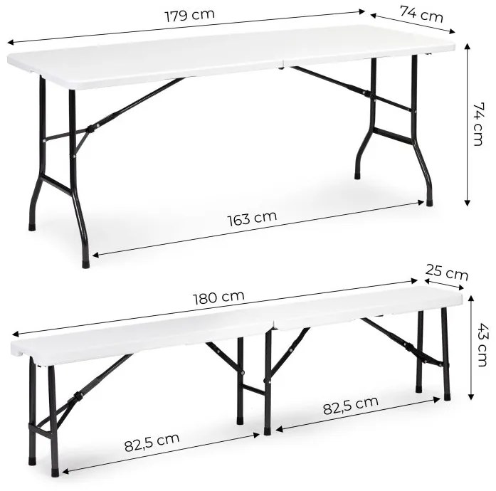 Set catering tavolo 180cm + 2 panche in bianco