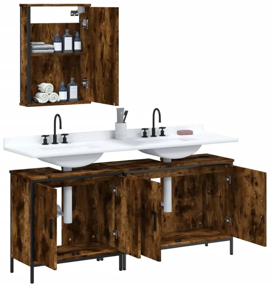 Set mobili da bagno 3 pz rovere fumo in legno multistrato