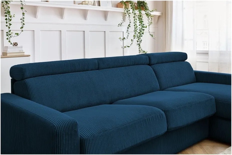 Divano angolare in blu scuro allungabile (con composizione variabile) con rivestimento in velluto a coste Monaco – Bobochic Paris