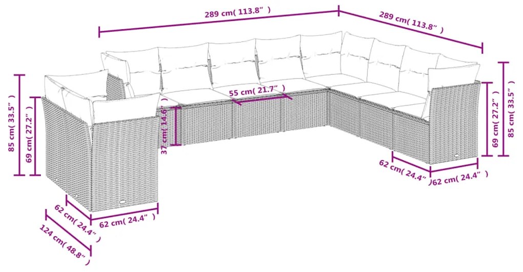 Set divano da giardino 10 pz con cuscini grigio in polyrattan